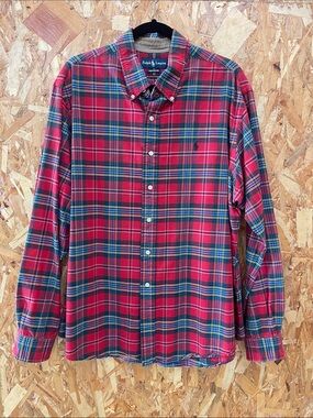 Ralph Lauren Red and Green Plaid Button-Down Shirt - Men's